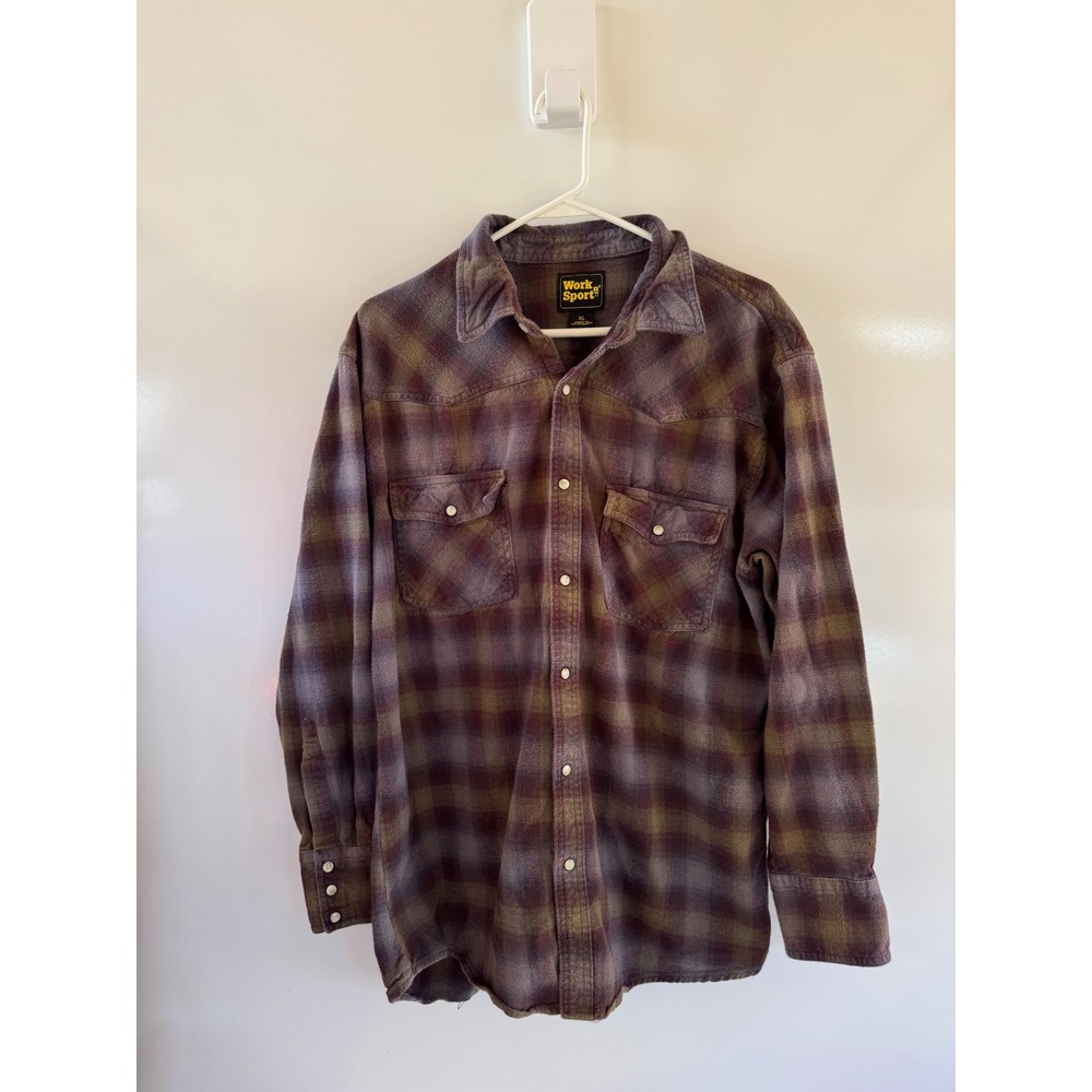 Work n Sport Mens XL Purple Plaid Western Pearl Snap Cotton Flannel Shirt 44519